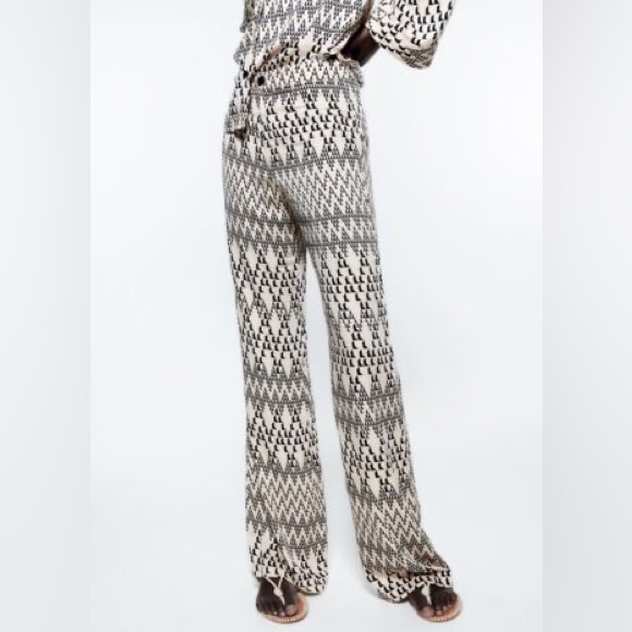 Zara flowy ecru and black pants, sz large - Picture 3 of 12